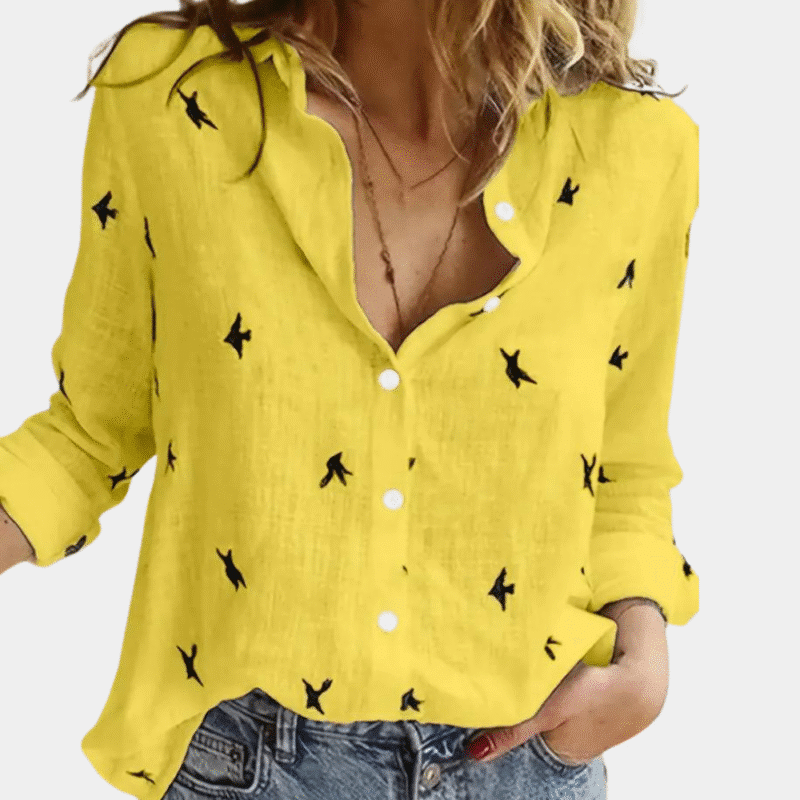 Dameshemd met lange mouwen, geel met zwarte vogelprint, casual stijl, knoopsluiting, ideaal voor lente en zomer, modieuze dameskleding.