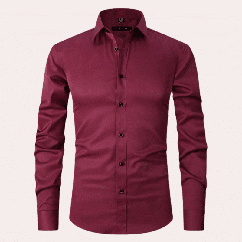 Bordeauxrood stretch overhemd voor heren met lange mouwen, knoopsluiting en klassieke kraag. Perfect voor formele en casual gelegenheden.