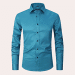 Blauw stretch overhemd voor heren met lange mouwen en knoopsluiting, ideaal voor zakelijke en casual gelegenheden. Comfortabel en stijlvol design.