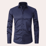Donkerblauw heren stretch overhemd met lange mouwen, knoopsluiting en klassieke kraag. Perfect voor formele en casual gelegenheden.