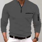 Grijs poloshirt met rits voor heren, lange mouwen, borstzak met rits, casual stijl, geschikt voor dagelijks gebruik, modieuze herenkleding.