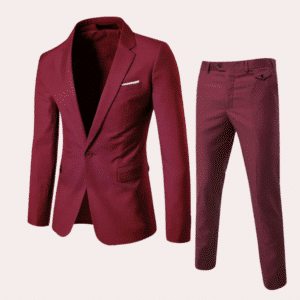Rood herenkostuum met colbert en broek, elegante zakelijke kleding, moderne pasvorm, geschikt voor formele gelegenheden, hoogwaardige stof.