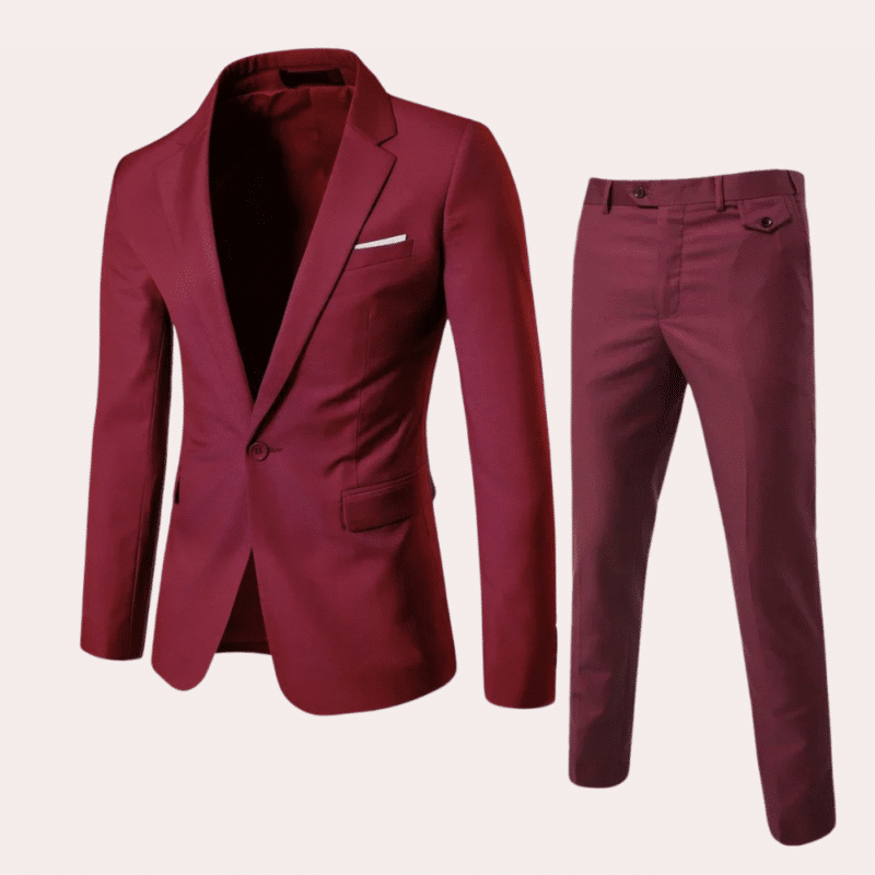 Rood herenkostuum met colbert en broek, elegante zakelijke kleding, moderne pasvorm, geschikt voor formele gelegenheden, hoogwaardige stof.