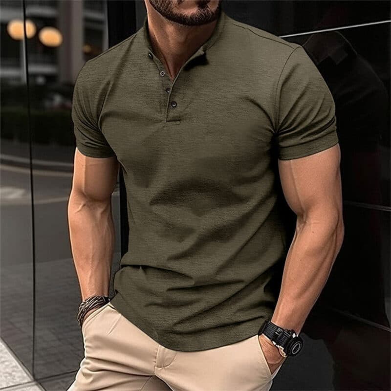 Olijfgroen poloshirt voor heren, korte mouwen, knoopsluiting, casual stijl, geschikt voor dagelijks gebruik, modieus en comfortabel.