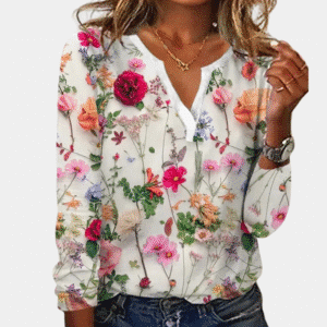 Casual gebloemde damesblouse met kleurrijke bloemenprint, lange mouwen en V-hals. Perfect voor lente- en zomermode. Trendy en stijlvol design.