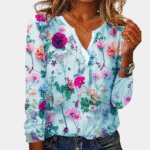 Casual gebloemde damesblouse met kleurrijke bloemenprint, lange mouwen en V-hals. Perfect voor lente- en zomermode. Trendy en stijlvol design.