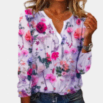 Casual gebloemde damesblouse met lange mouwen, kleurrijke bloemenprint, V-hals, ideaal voor lente en zomer. Trendy damesmode, comfortabele pasvorm.