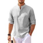 Stijlvol grijs casual overhemd voor heren met opgerolde mouwen en opstaande kraag, ideaal voor zomerse outfits. Comfortabel en modieus design.