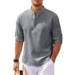 Stijlvol grijs casual overhemd voor heren met opgerolde mouwen en opstaande kraag, ideaal voor zomerse outfits. Comfortabel en modieus design.
