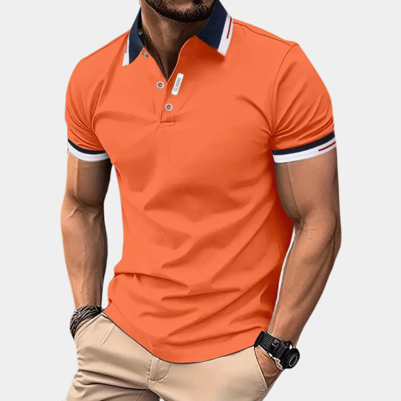Oranje herenpoloshirt met contrasterende kraag en mouwboorden, stijlvolle casual mode, perfect voor zomerse outfits en sportieve gelegenheden.