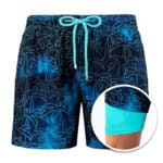 Stijlvolle heren zwemshort met blauw palmboompatroon, elastische tailleband en trekkoord. Perfecte zwembroek voor strandvakanties en zomerse activiteiten.