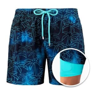 Stijlvolle heren zwemshort met blauw palmboompatroon, elastische tailleband en trekkoord. Perfecte zwembroek voor strandvakanties en zomerse activiteiten.